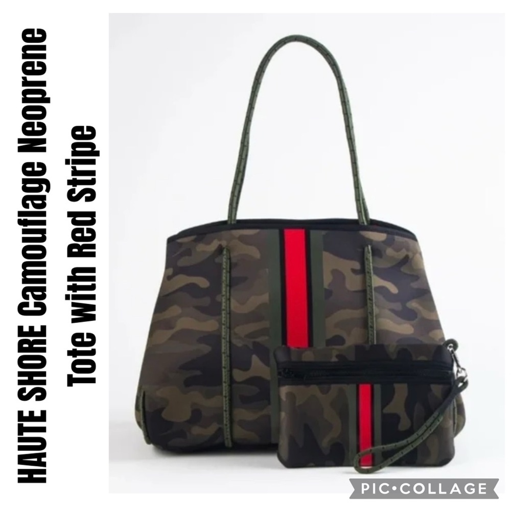 HAUTE SHORE Camouflage Neoprene Tote with Red Stripe